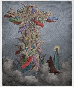 Paradiso, Gesang 14: Dante und Beatrice sehen die Engel mit Christus am Kreuz, Illustration aus Die Göttliche Komödie von Dante Alighieri, 1885 (digital kolorierte Gravur)